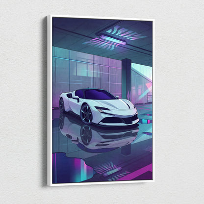 Ferrari SF90 Stradale Inspired Vaporwave Car Canvas - Vaporwave Car Neon Pink Purple Living Room Retro Futurism Moody Neon Glow Decor Wall Art Canvas
