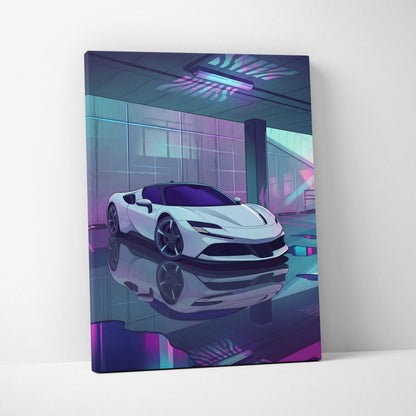 Ferrari SF90 Stradale Inspired Vaporwave Car Canvas - Vaporwave Car Neon Pink Purple Living Room Retro Futurism Moody Neon Glow Decor Wall Art Canvas
