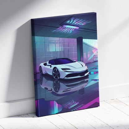 Ferrari SF90 Stradale Inspired Vaporwave Car Canvas - Vaporwave Car Neon Pink Purple Living Room Retro Futurism Moody Neon Glow Decor Wall Art Canvas
