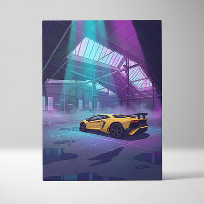 Lamborghini Aventador Inspired Yellow Purple Canvas Wall Art, Vaporwave Supercar Artwork, Neon Garage Decor, Retro Futuristic Exotic Car Print