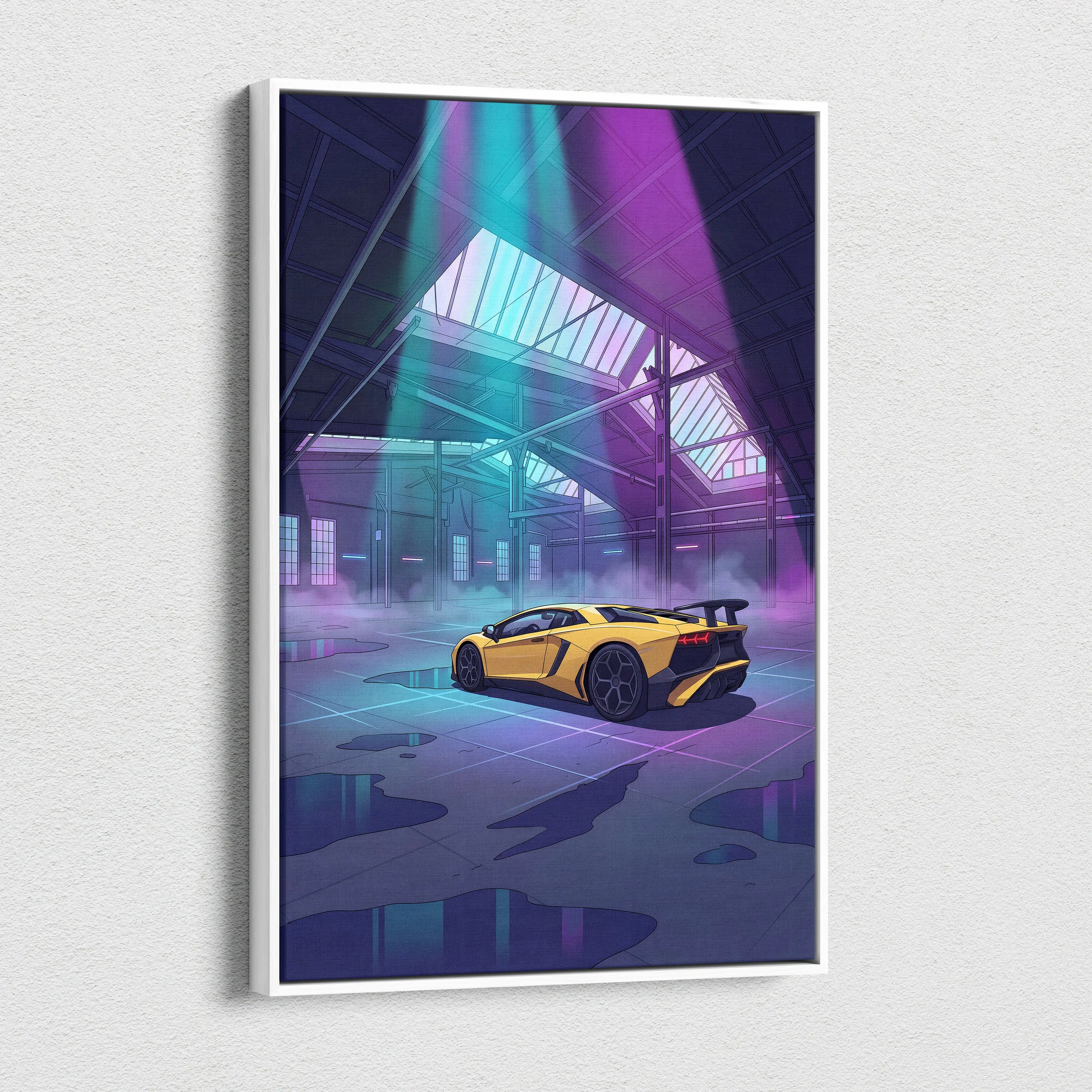 Lamborghini Aventador Inspired Yellow Purple Canvas Wall Art, Vaporwave Supercar Artwork, Neon Garage Decor, Retro Futuristic Exotic Car Print
