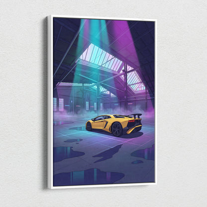 Lamborghini Aventador Inspired Yellow Purple Canvas Wall Art, Vaporwave Supercar Artwork, Neon Garage Decor, Retro Futuristic Exotic Car Print