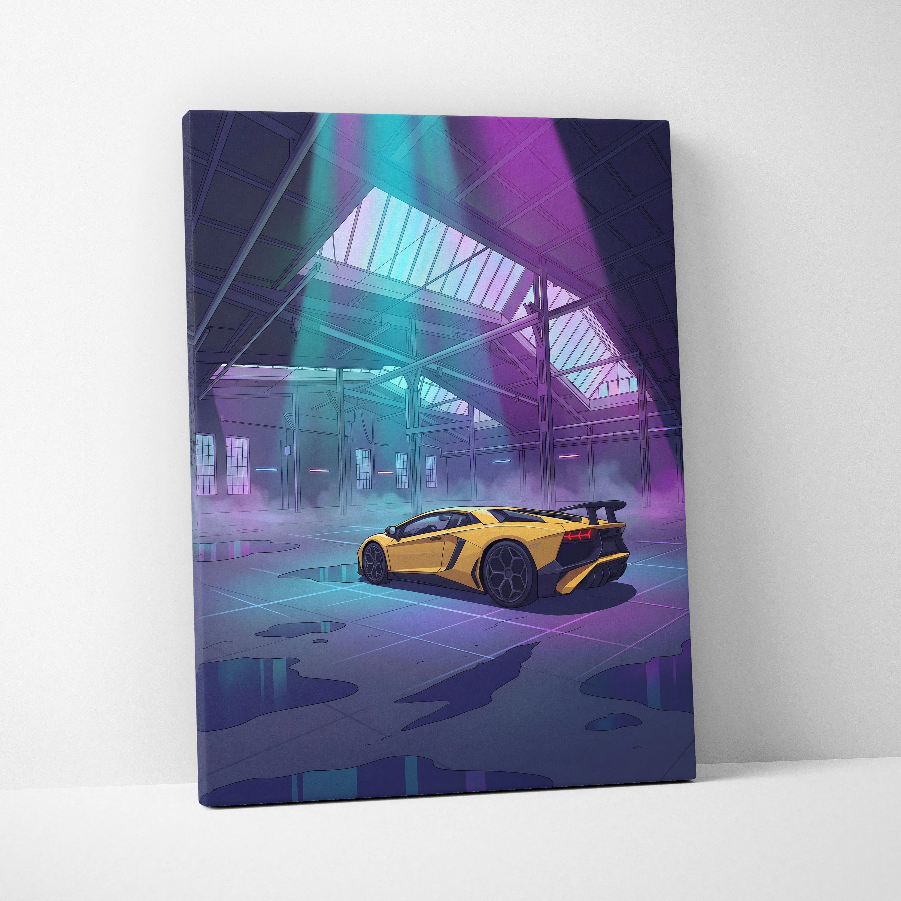 Lamborghini Aventador Inspired Yellow Purple Canvas Wall Art, Vaporwave Supercar Artwork, Neon Garage Decor, Retro Futuristic Exotic Car Print