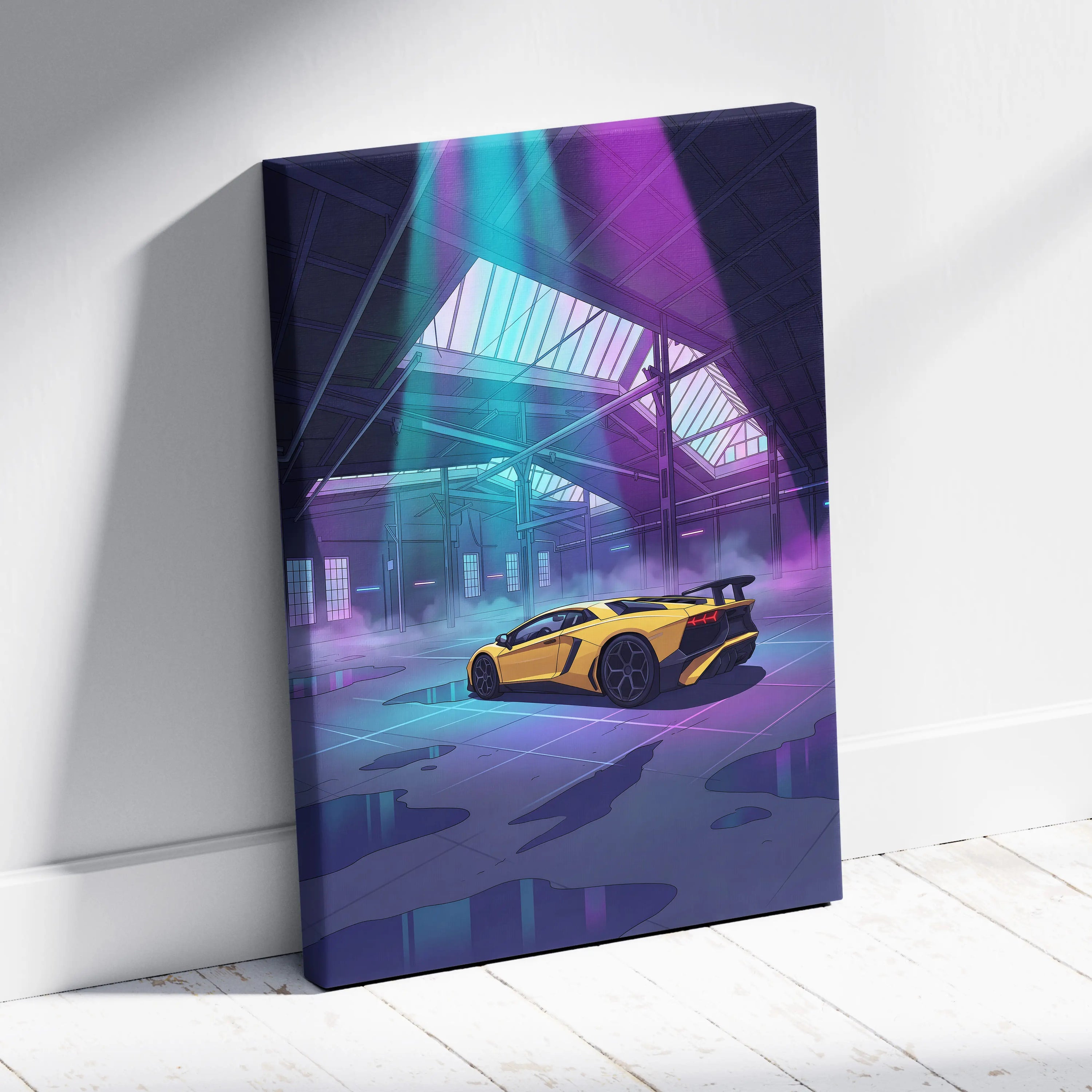 Lamborghini Aventador Inspired Yellow Purple Canvas Wall Art, Vaporwave Supercar Artwork, Neon Garage Decor, Retro Futuristic Exotic Car Print