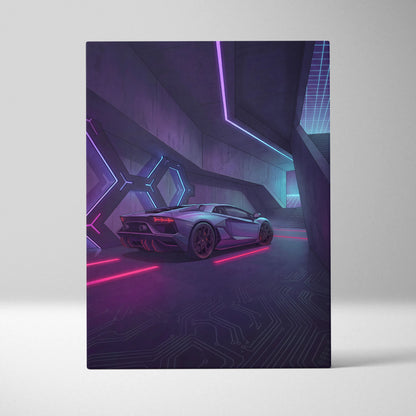 Lamborghini Aventador Inspired Silver Purple Canvas Wall Art, Vaporwave Neon Cyberpunk Garage Decor, Moody Futuristic Supercar Artwork