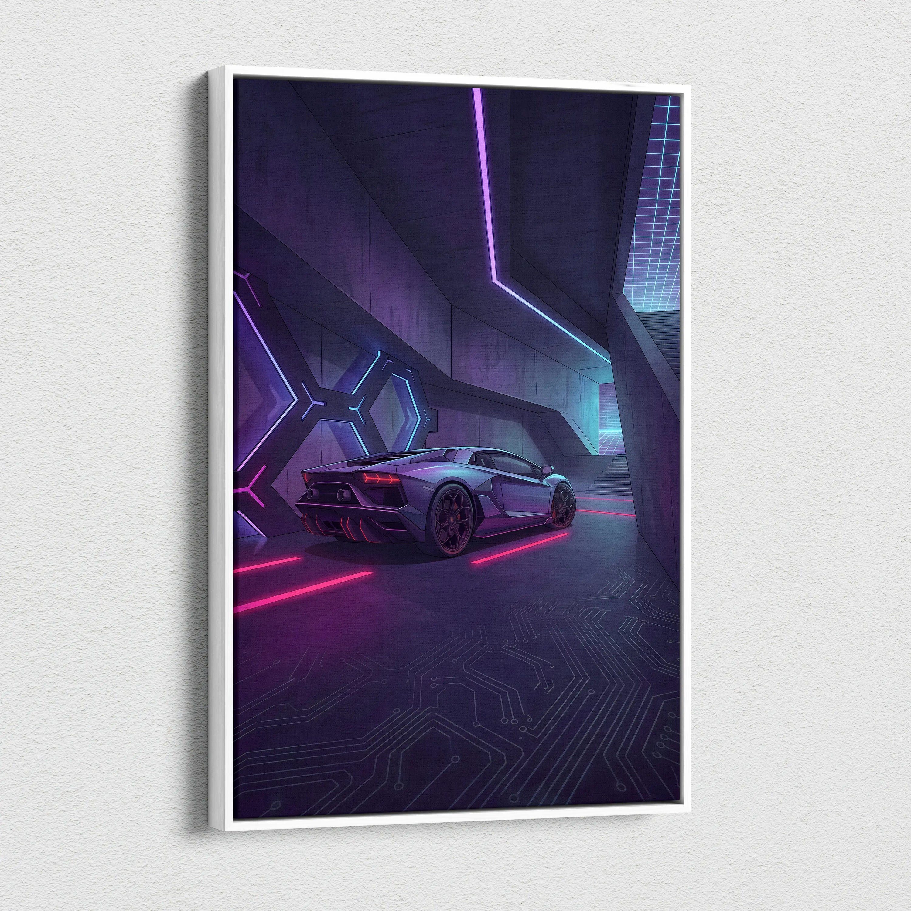 Lamborghini Aventador Inspired Silver Purple Canvas Wall Art, Vaporwave Neon Cyberpunk Garage Decor, Moody Futuristic Supercar Artwork