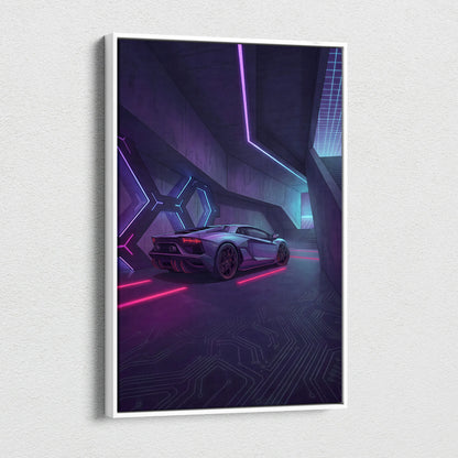 Lamborghini Aventador Inspired Silver Purple Canvas Wall Art, Vaporwave Neon Cyberpunk Garage Decor, Moody Futuristic Supercar Artwork