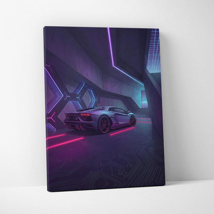Lamborghini Aventador Inspired Silver Purple Canvas Wall Art, Vaporwave Neon Cyberpunk Garage Decor, Moody Futuristic Supercar Artwork
