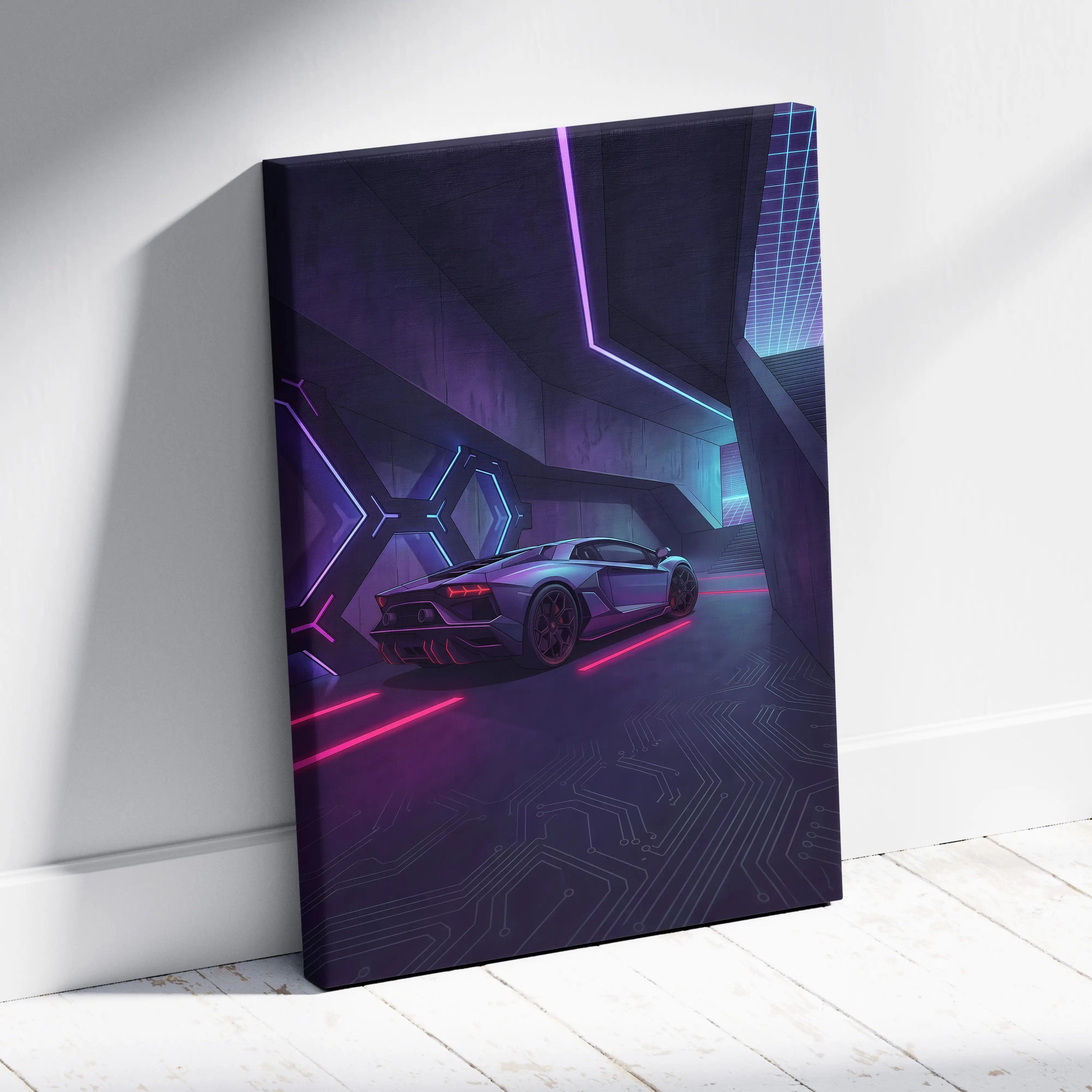 Lamborghini Aventador Inspired Silver Purple Canvas Wall Art, Vaporwave Neon Cyberpunk Garage Decor, Moody Futuristic Supercar Artwork