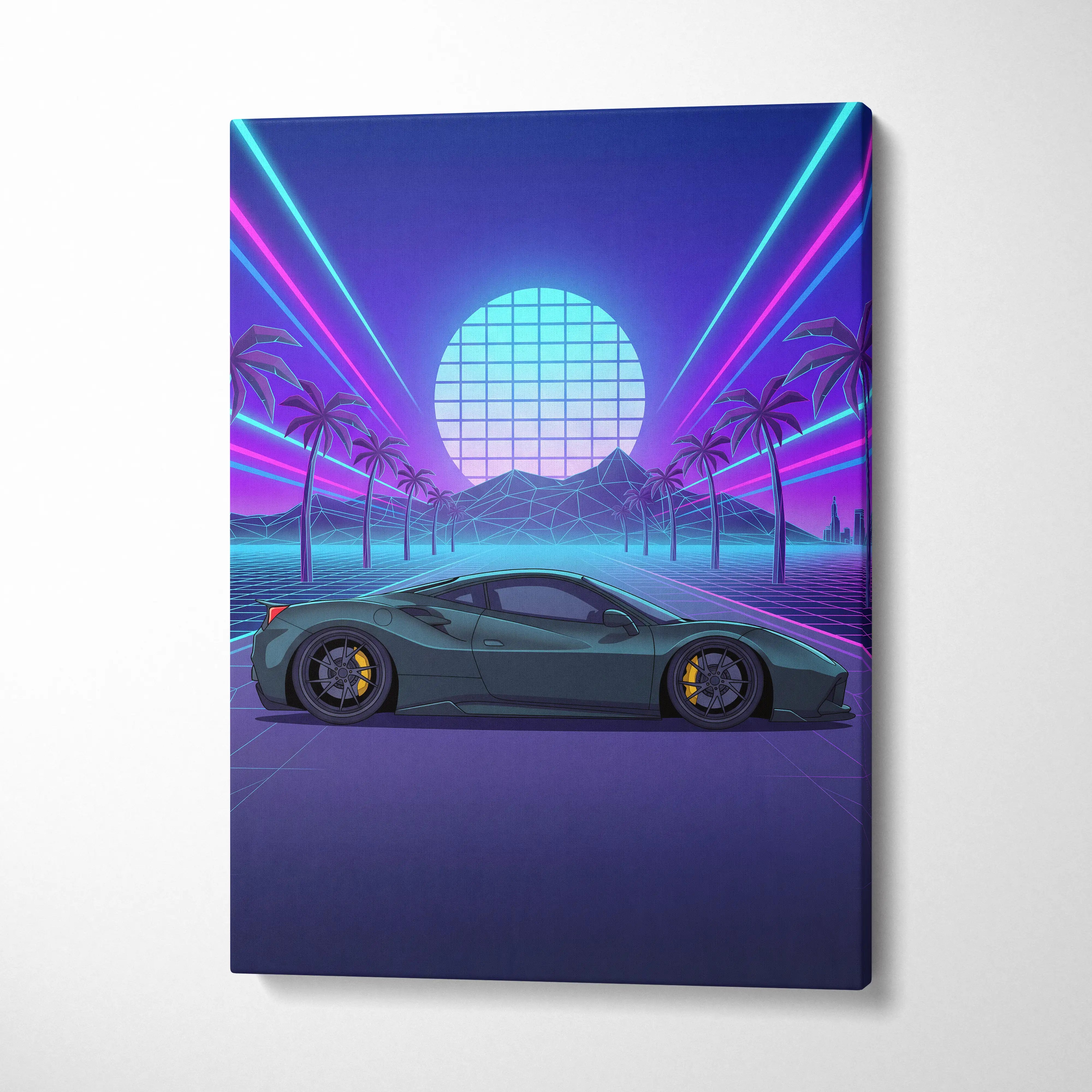 Ferrari 488 Inspired Teal Purple Canvas Wall Art, Vaporwave Supercar Artwork, Neon Palm Garage Decor, Retro Futuristic Exotic Car Print