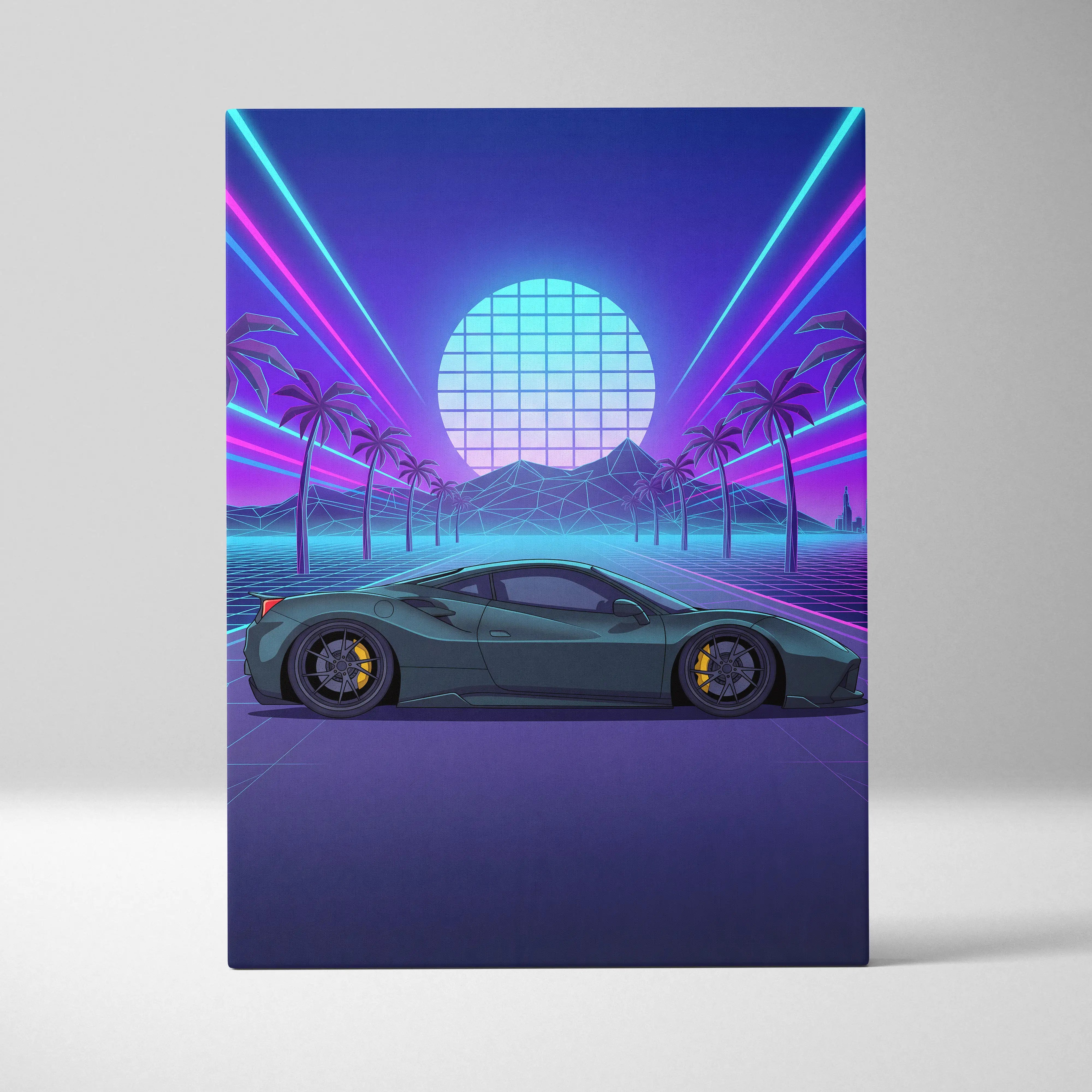Ferrari 488 Inspired Teal Purple Canvas Wall Art, Vaporwave Supercar Artwork, Neon Palm Garage Decor, Retro Futuristic Exotic Car Print