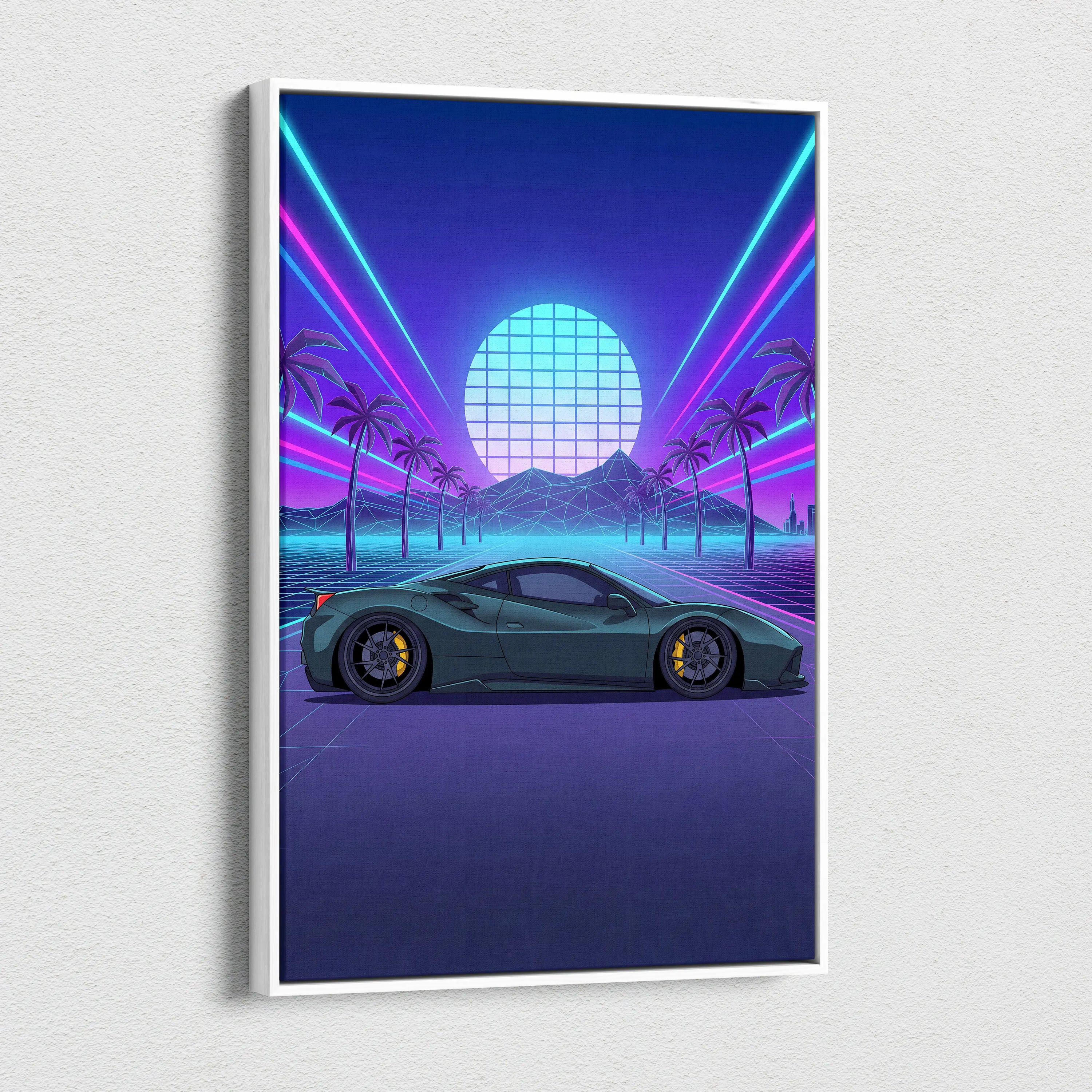Ferrari 488 Inspired Teal Purple Canvas Wall Art, Vaporwave Supercar Artwork, Neon Palm Garage Decor, Retro Futuristic Exotic Car Print