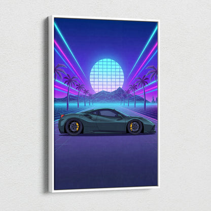 Ferrari 488 Inspired Teal Purple Canvas Wall Art, Vaporwave Supercar Artwork, Neon Palm Garage Decor, Retro Futuristic Exotic Car Print