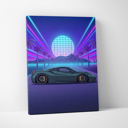 Ferrari 488 Inspired Teal Purple Canvas Wall Art, Vaporwave Supercar Artwork, Neon Palm Garage Decor, Retro Futuristic Exotic Car Print