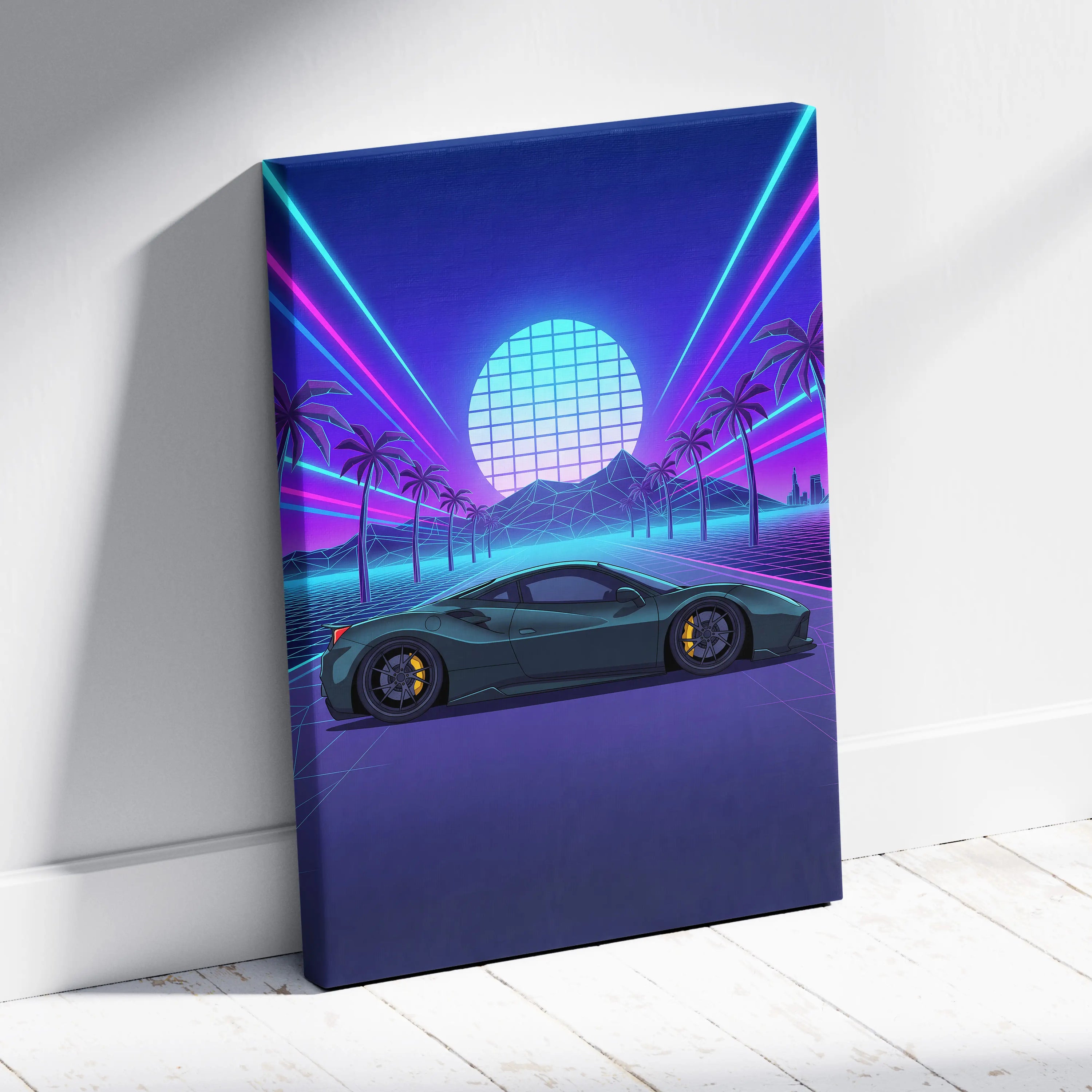 Ferrari 488 Inspired Teal Purple Canvas Wall Art, Vaporwave Supercar Artwork, Neon Palm Garage Decor, Retro Futuristic Exotic Car Print