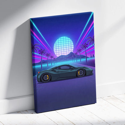 Ferrari 488 Inspired Teal Purple Canvas Wall Art, Vaporwave Supercar Artwork, Neon Palm Garage Decor, Retro Futuristic Exotic Car Print