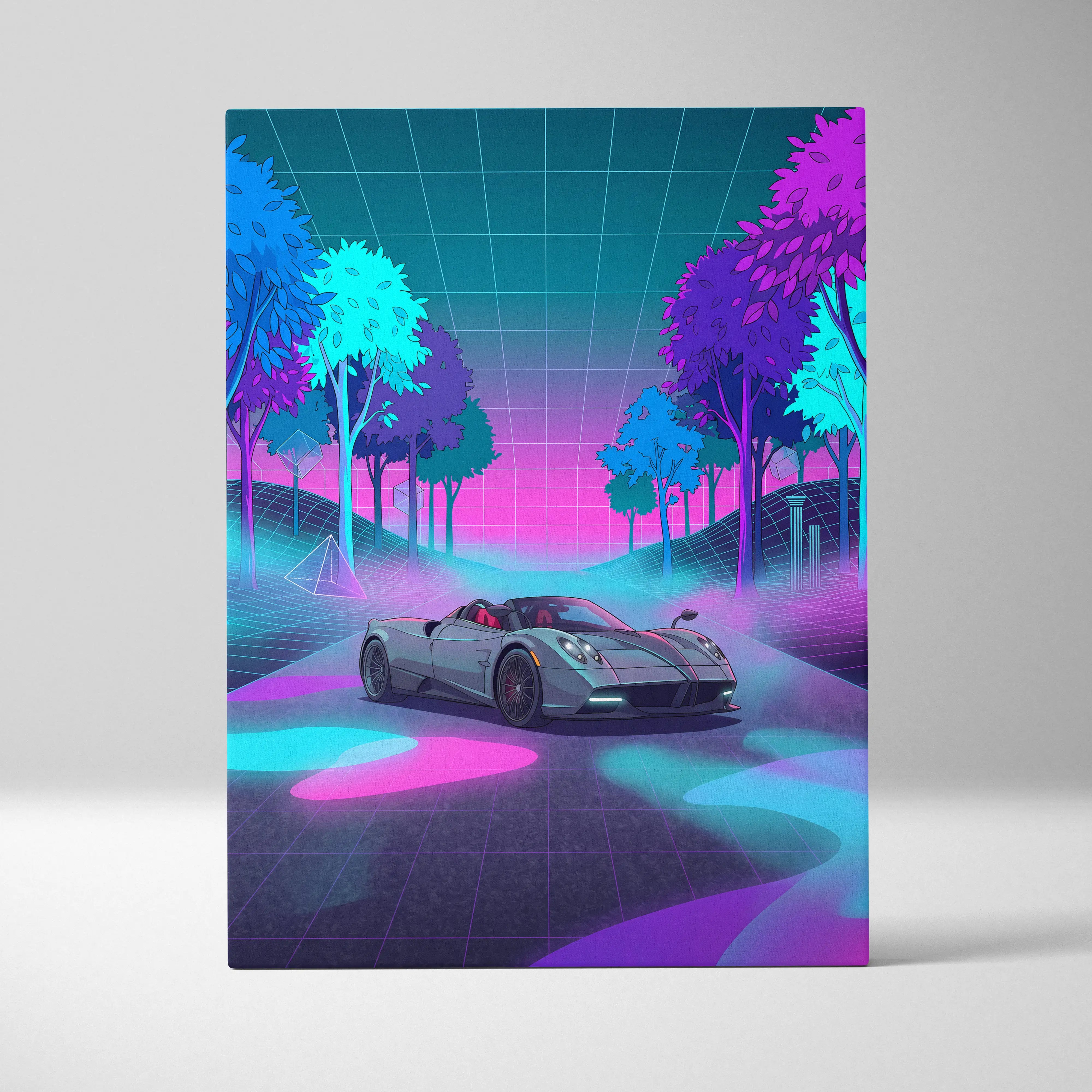 Pagani Huayra Roadster Inspired Silver Pink Canvas Wall Art Vaporwave Neon Forest Hypercar Artwork, Dreamy Cyberpunk Garage Decor