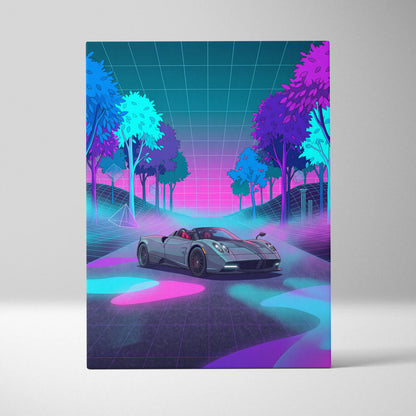 Pagani Huayra Roadster Inspired Silver Pink Canvas Wall Art Vaporwave Neon Forest Hypercar Artwork, Dreamy Cyberpunk Garage Decor