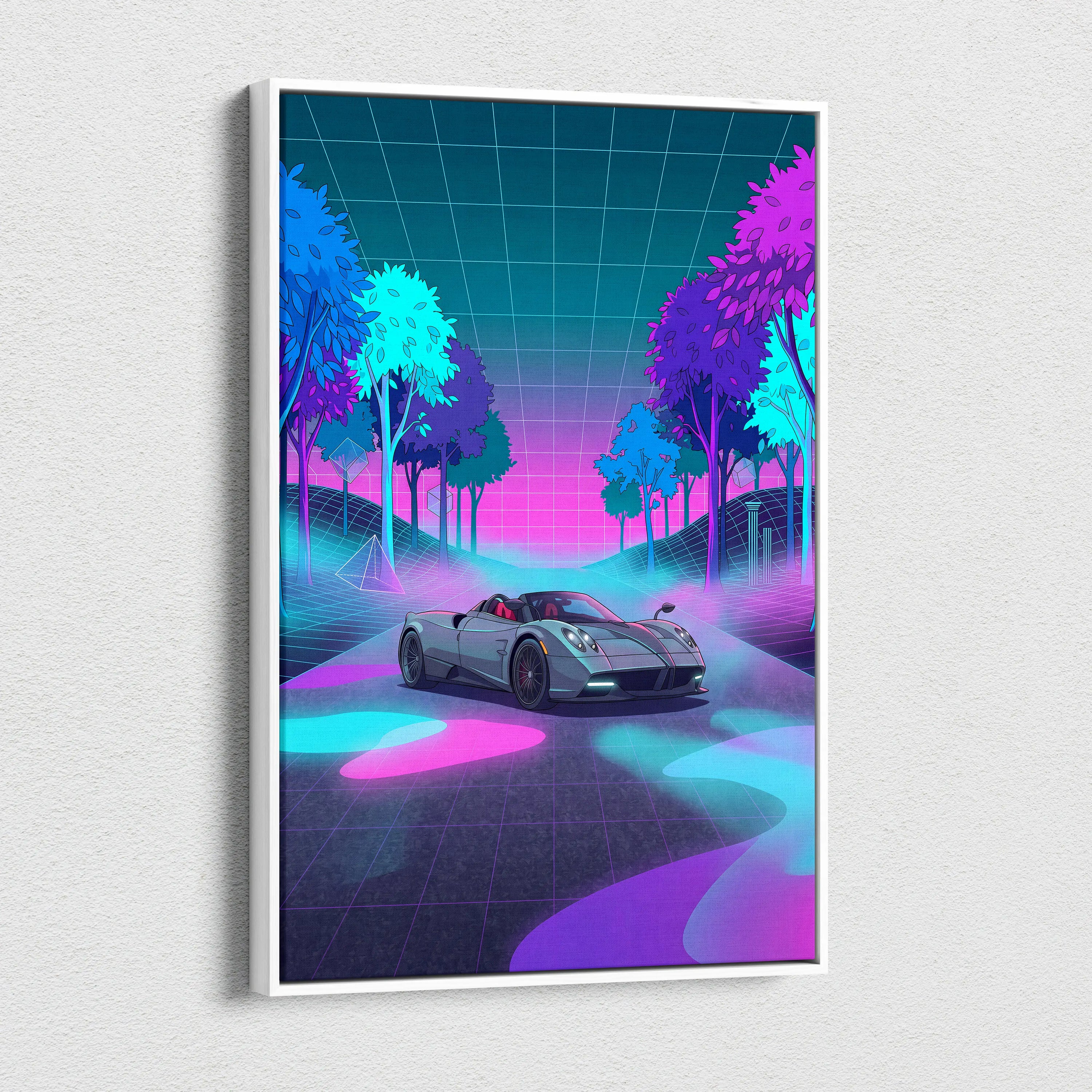 Pagani Huayra Roadster Inspired Silver Pink Canvas Wall Art Vaporwave Neon Forest Hypercar Artwork, Dreamy Cyberpunk Garage Decor