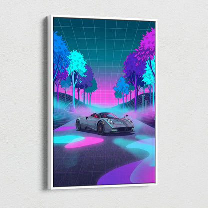 Pagani Huayra Roadster Inspired Silver Pink Canvas Wall Art Vaporwave Neon Forest Hypercar Artwork, Dreamy Cyberpunk Garage Decor