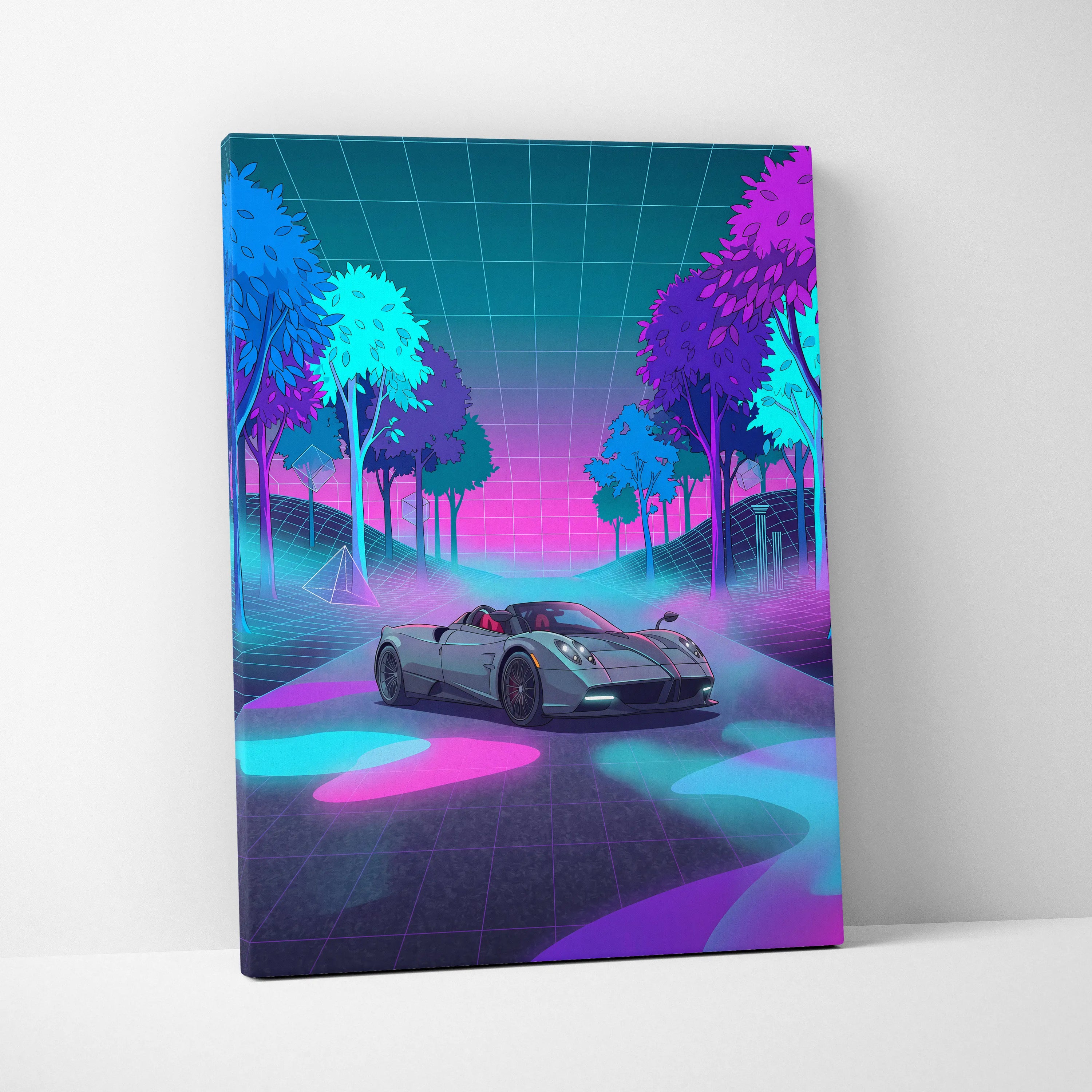 Pagani Huayra Roadster Inspired Silver Pink Canvas Wall Art Vaporwave Neon Forest Hypercar Artwork, Dreamy Cyberpunk Garage Decor