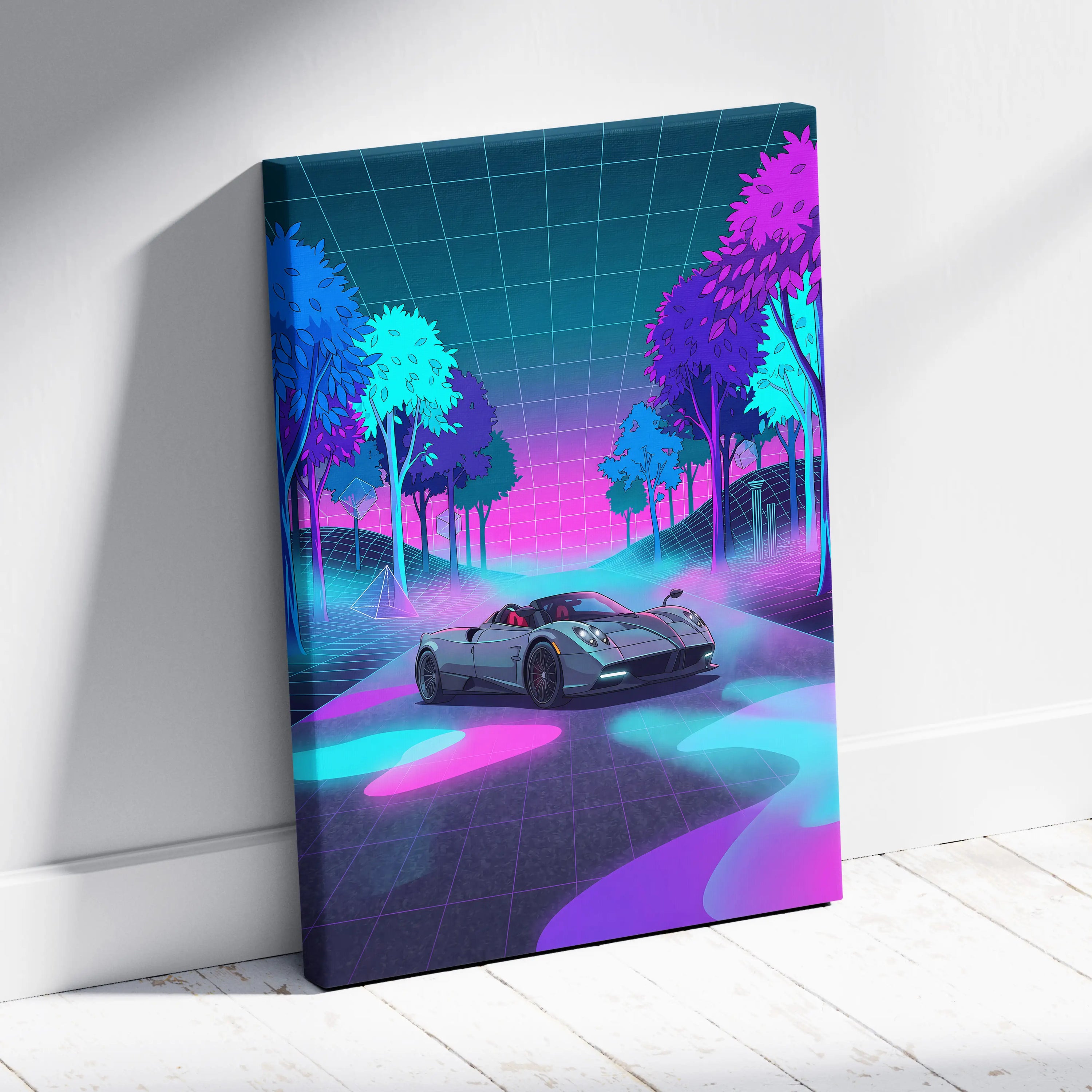 Pagani Huayra Roadster Inspired Silver Pink Canvas Wall Art Vaporwave Neon Forest Hypercar Artwork, Dreamy Cyberpunk Garage Decor