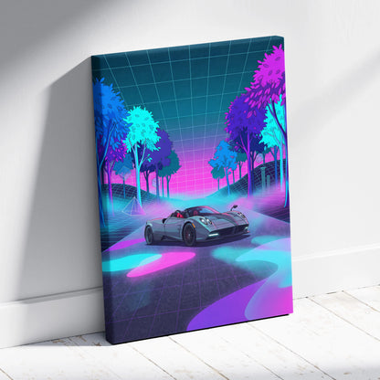 Pagani Huayra Roadster Inspired Silver Pink Canvas Wall Art Vaporwave Neon Forest Hypercar Artwork, Dreamy Cyberpunk Garage Decor