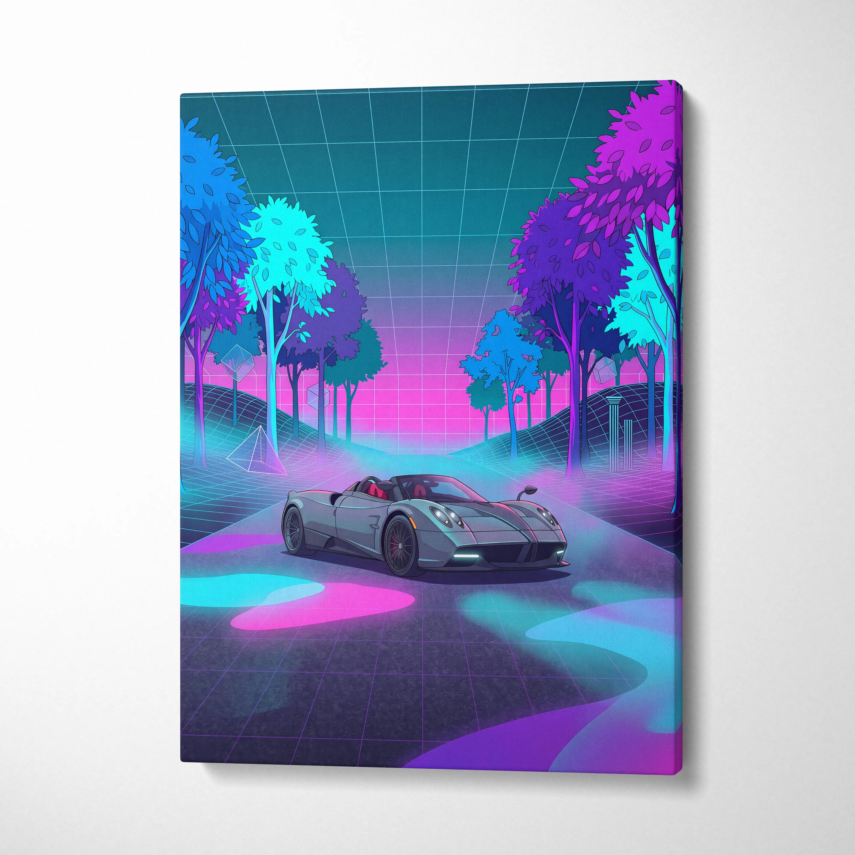 Pagani Huayra Roadster Inspired Silver Pink Canvas Wall Art Vaporwave Neon Forest Hypercar Artwork, Dreamy Cyberpunk Garage Decor
