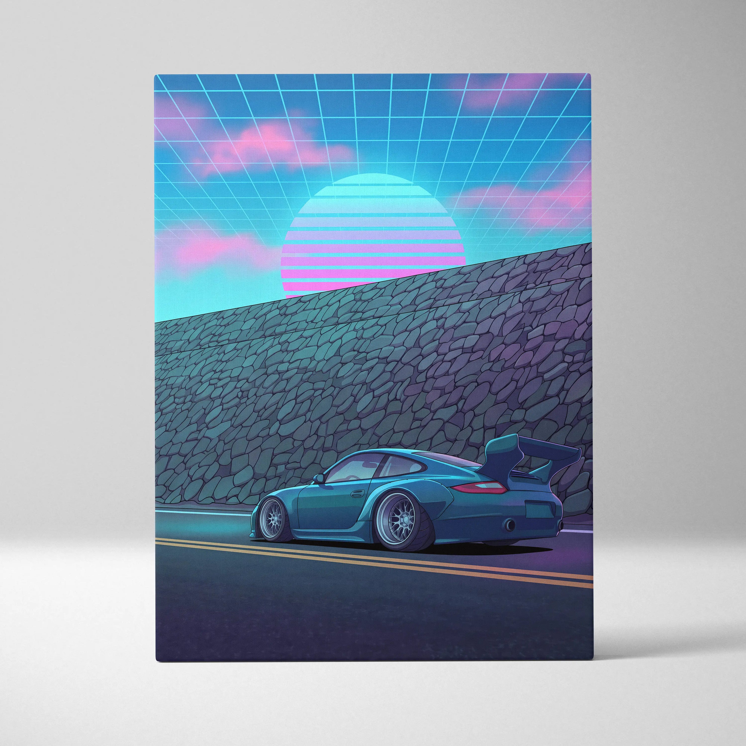Porsche 911 GT3 Widebody Inspired Blue Pink Canvas Wall Art Vaporwave Sunset Road Car Artwork, Retro Neon Garage Decor