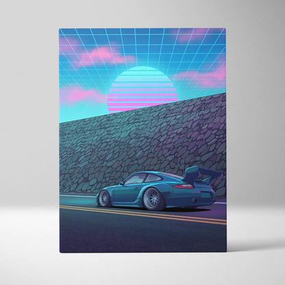 Porsche 911 GT3 Widebody Inspired Blue Pink Canvas Wall Art Vaporwave Sunset Road Car Artwork, Retro Neon Garage Decor