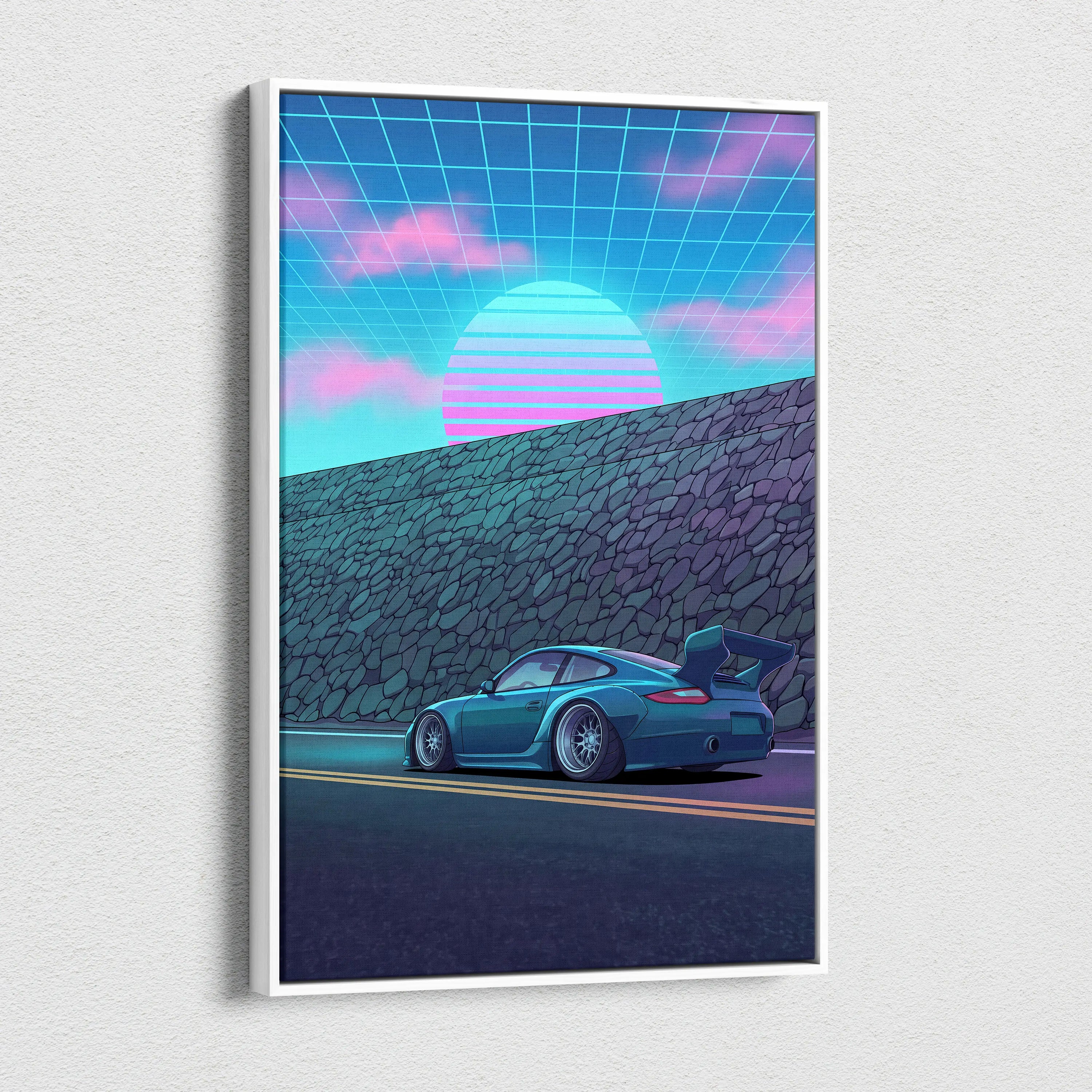 Porsche 911 GT3 Widebody Inspired Blue Pink Canvas Wall Art Vaporwave Sunset Road Car Artwork, Retro Neon Garage Decor