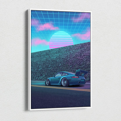 Porsche 911 GT3 Widebody Inspired Blue Pink Canvas Wall Art Vaporwave Sunset Road Car Artwork, Retro Neon Garage Decor