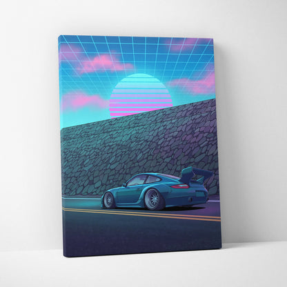 Porsche 911 GT3 Widebody Inspired Blue Pink Canvas Wall Art Vaporwave Sunset Road Car Artwork, Retro Neon Garage Decor