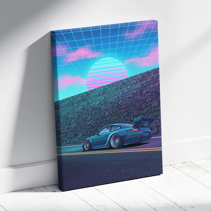 Porsche 911 GT3 Widebody Inspired Blue Pink Canvas Wall Art Vaporwave Sunset Road Car Artwork, Retro Neon Garage Decor