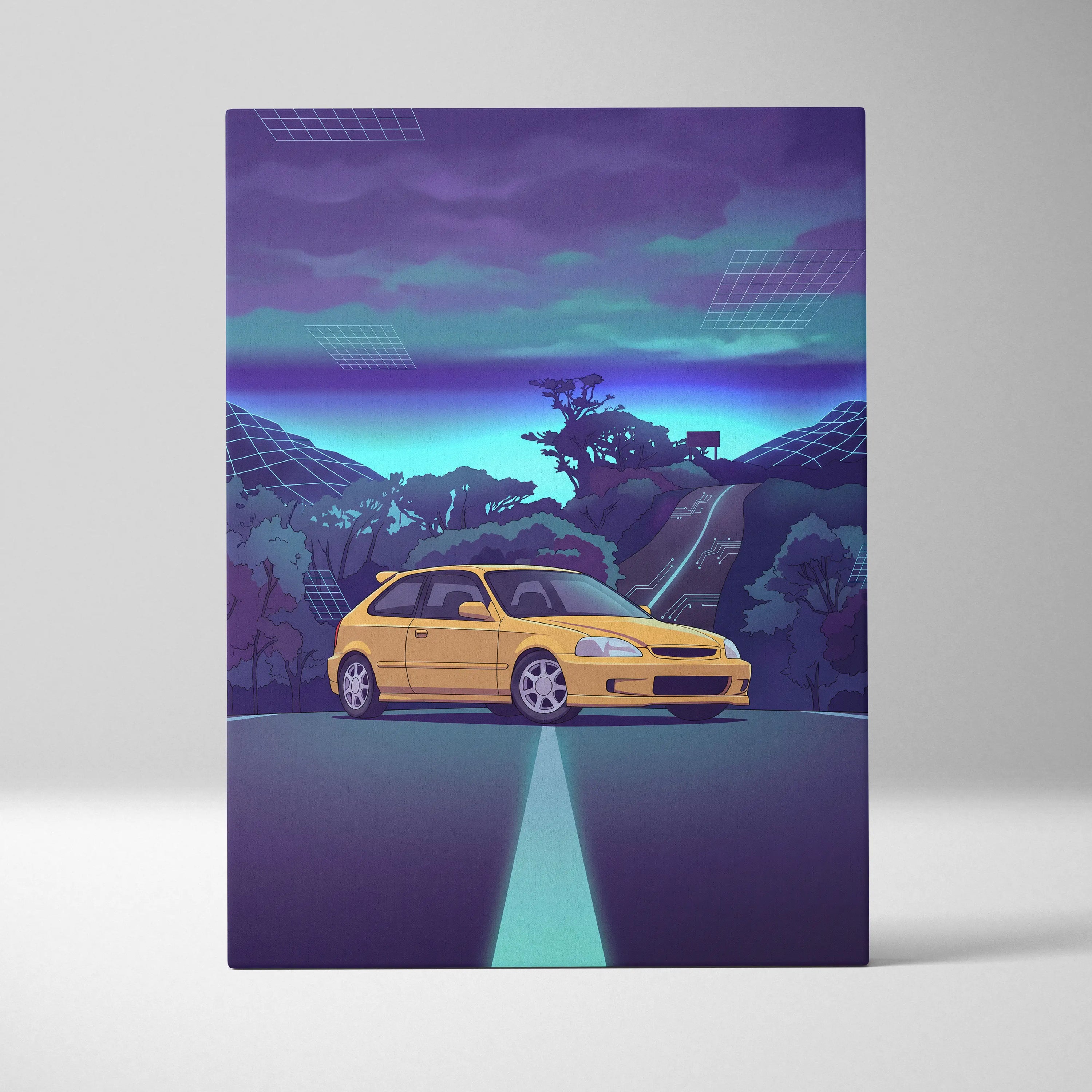 Honda Civic EK Hatchback Inspired Yellow Purple Canvas Wall Art Vaporwave Mountain Road JDM Car Artwork, Retro Neon Tuner Garage Decor
