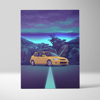 Honda Civic EK Hatchback Inspired Yellow Purple Canvas Wall Art Vaporwave Mountain Road JDM Car Artwork, Retro Neon Tuner Garage Decor
