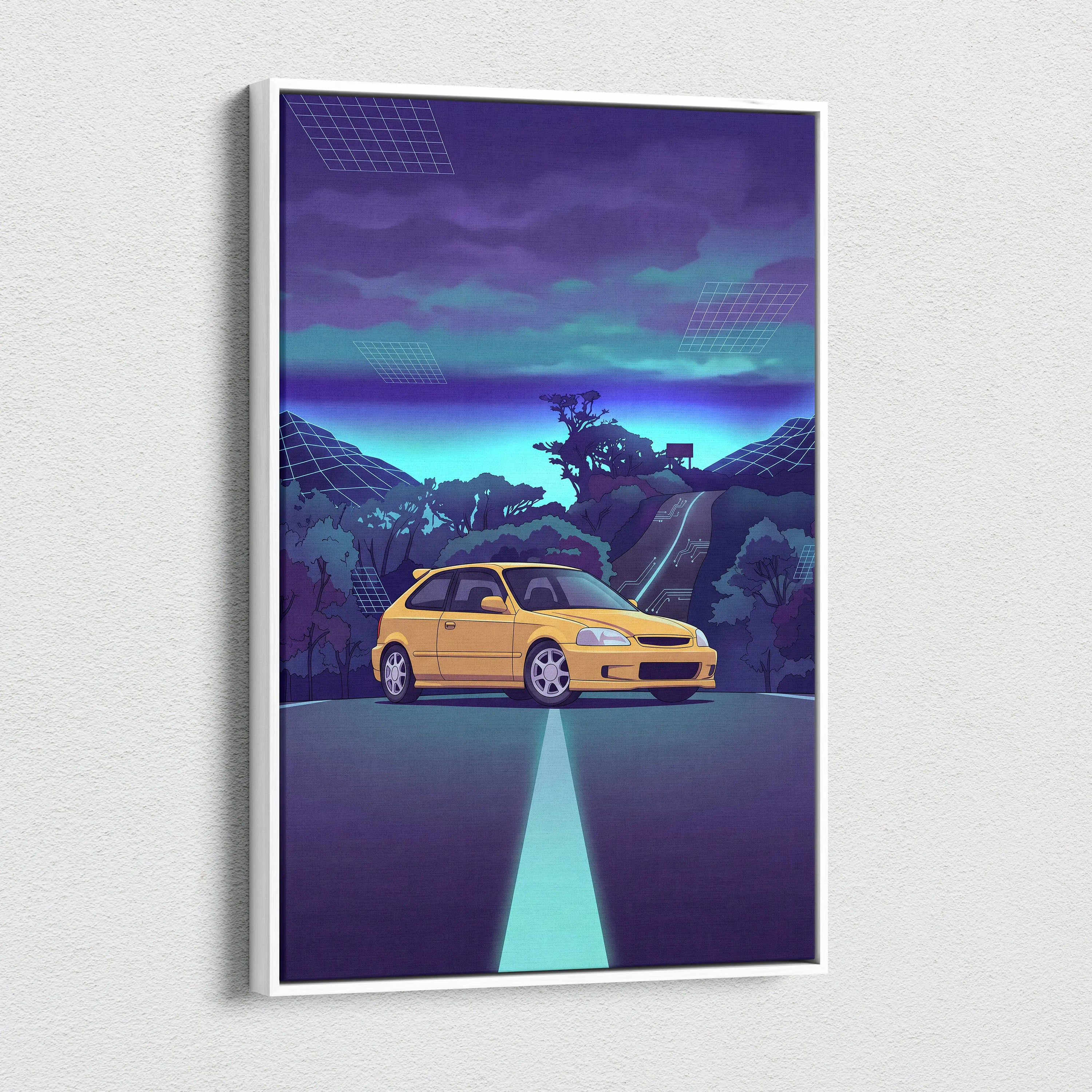 Honda Civic EK Hatchback Inspired Yellow Purple Canvas Wall Art Vaporwave Mountain Road JDM Car Artwork, Retro Neon Tuner Garage Decor