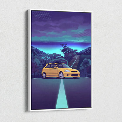 Honda Civic EK Hatchback Inspired Yellow Purple Canvas Wall Art Vaporwave Mountain Road JDM Car Artwork, Retro Neon Tuner Garage Decor