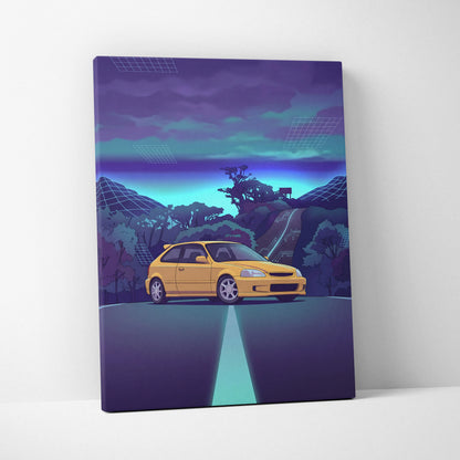 Honda Civic EK Hatchback Inspired Yellow Purple Canvas Wall Art Vaporwave Mountain Road JDM Car Artwork, Retro Neon Tuner Garage Decor