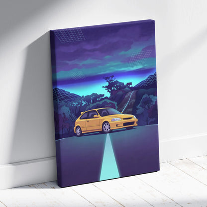 Honda Civic EK Hatchback Inspired Yellow Purple Canvas Wall Art Vaporwave Mountain Road JDM Car Artwork, Retro Neon Tuner Garage Decor