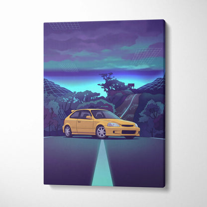 Honda Civic EK Hatchback Inspired Yellow Purple Canvas Wall Art Vaporwave Mountain Road JDM Car Artwork, Retro Neon Tuner Garage Decor