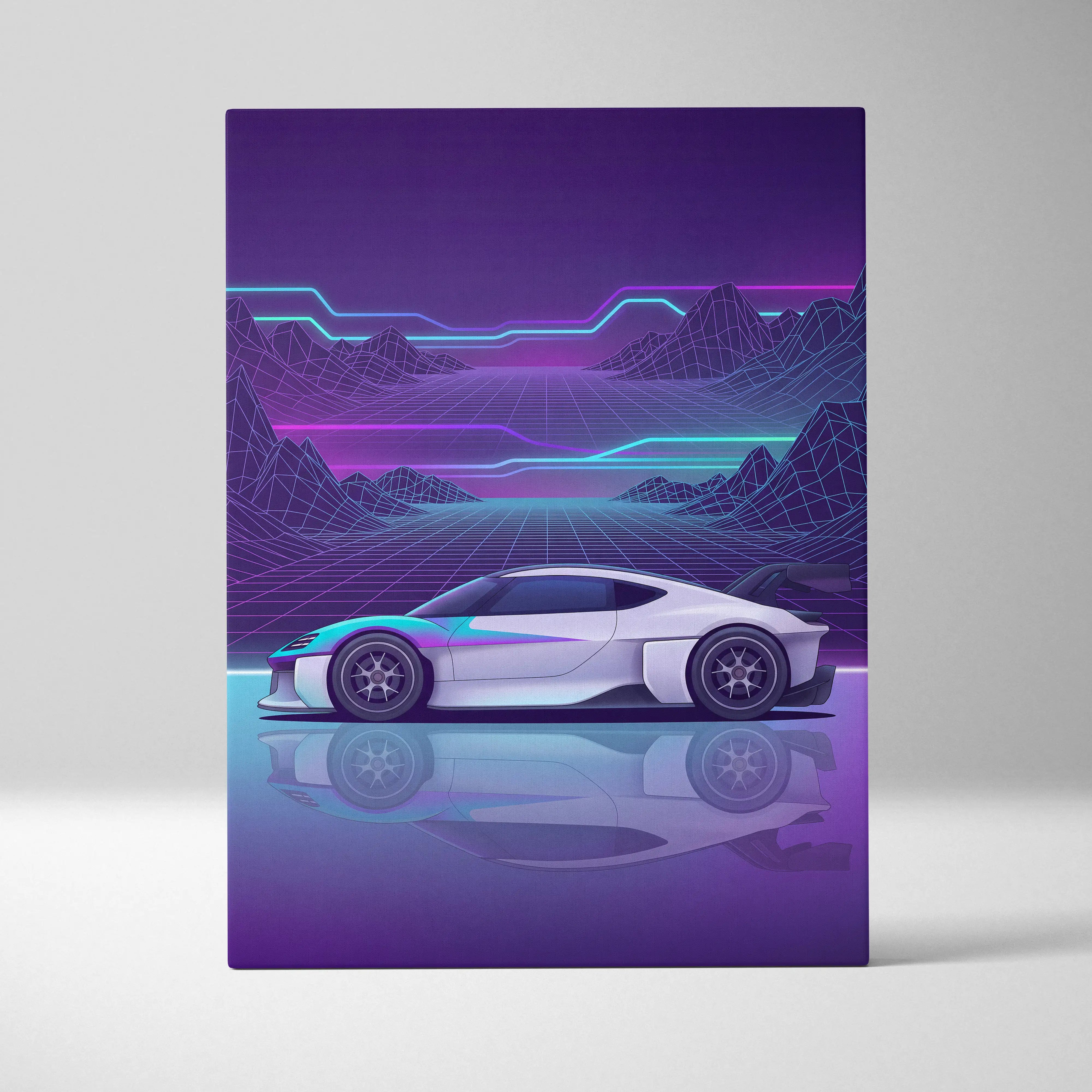 Porsche Mission R Inspired White Purple Canvas Wall Art Vaporwave Neon Grid Sports Car Artwork, Futuristic Concept Car Garage Decor