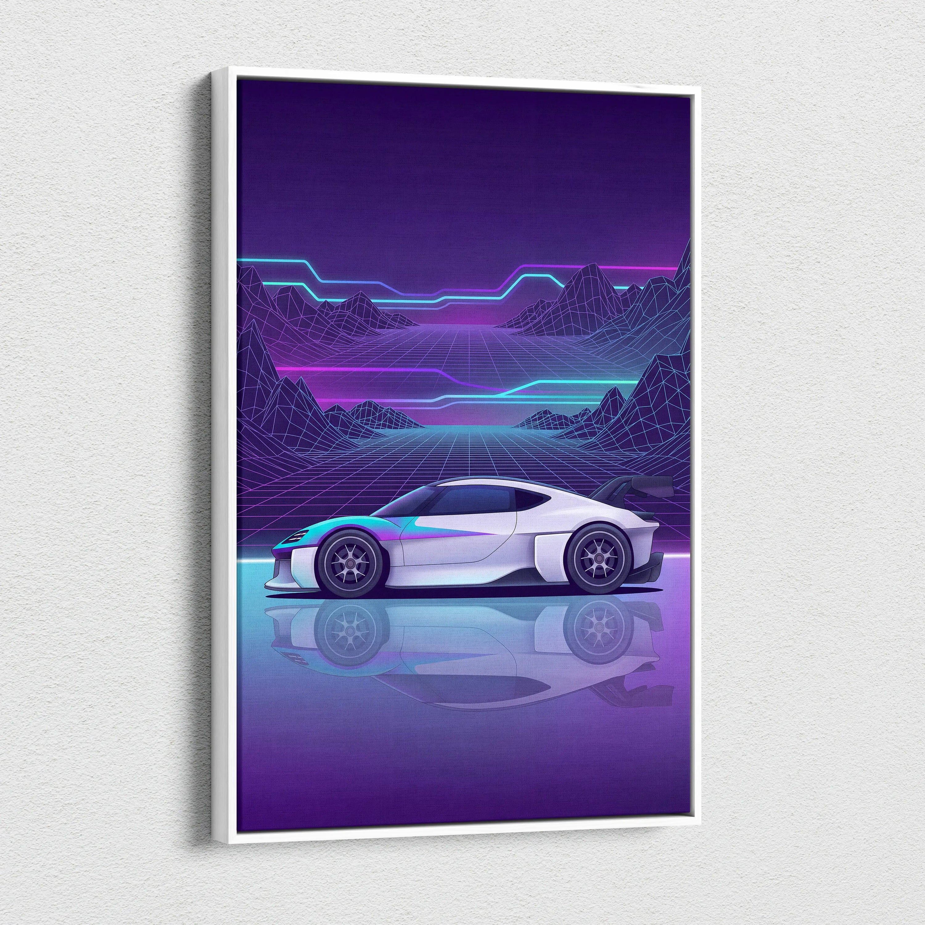 Porsche Mission R Inspired White Purple Canvas Wall Art Vaporwave Neon Grid Sports Car Artwork, Futuristic Concept Car Garage Decor