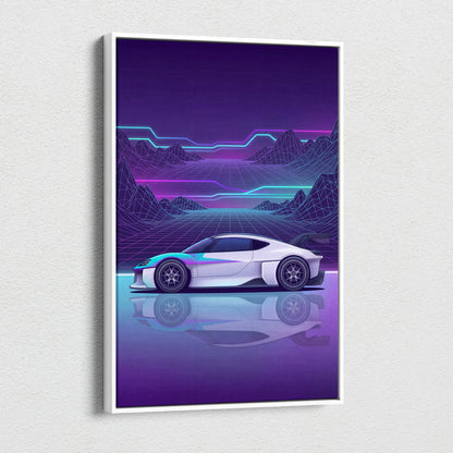 Porsche Mission R Inspired White Purple Canvas Wall Art Vaporwave Neon Grid Sports Car Artwork, Futuristic Concept Car Garage Decor