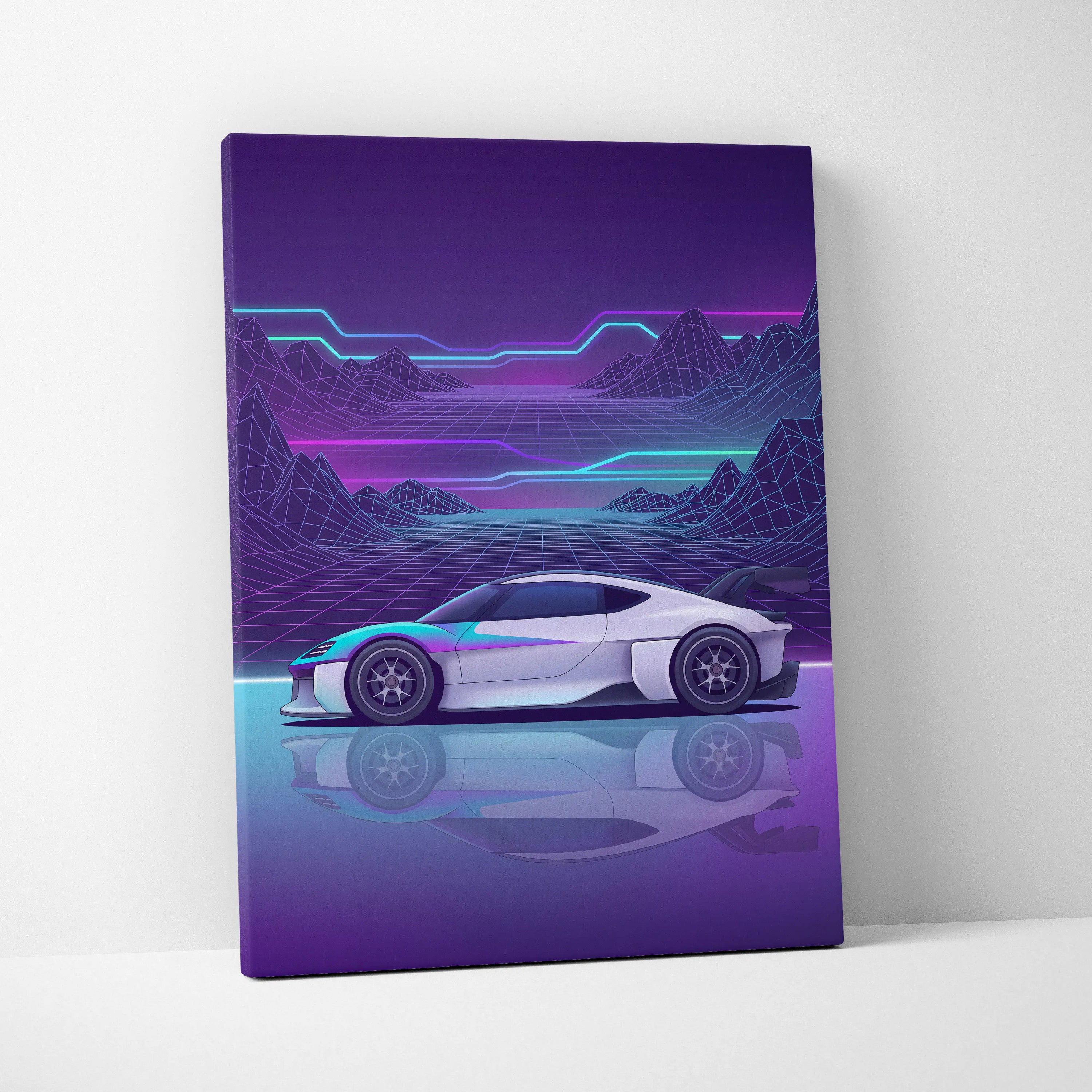 Porsche Mission R Inspired White Purple Canvas Wall Art Vaporwave Neon Grid Sports Car Artwork, Futuristic Concept Car Garage Decor