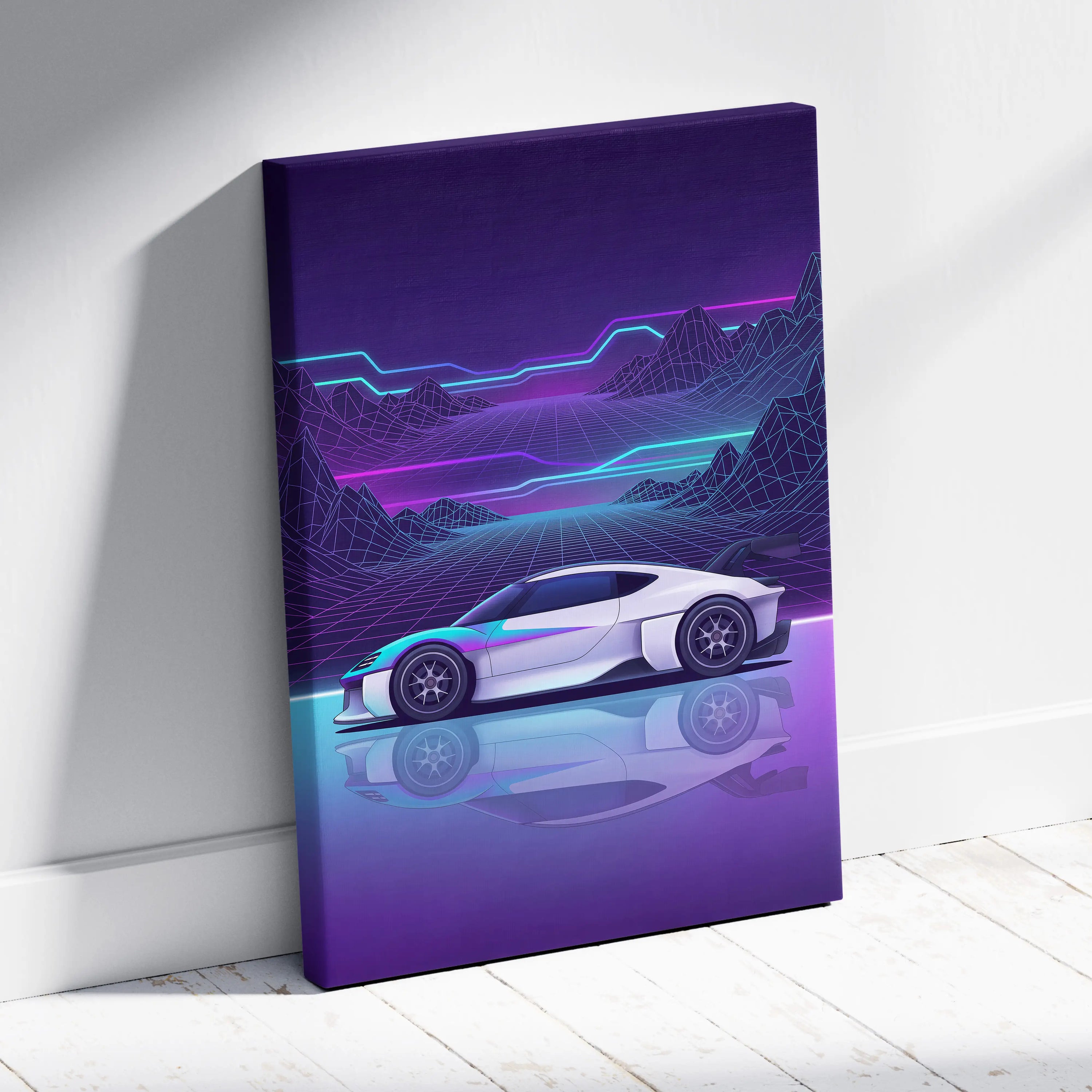 Porsche Mission R Inspired White Purple Canvas Wall Art Vaporwave Neon Grid Sports Car Artwork, Futuristic Concept Car Garage Decor