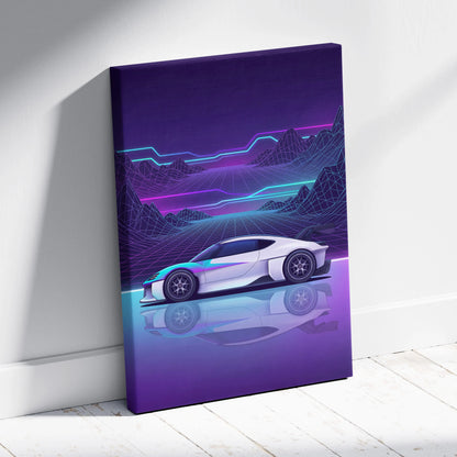 Porsche Mission R Inspired White Purple Canvas Wall Art Vaporwave Neon Grid Sports Car Artwork, Futuristic Concept Car Garage Decor