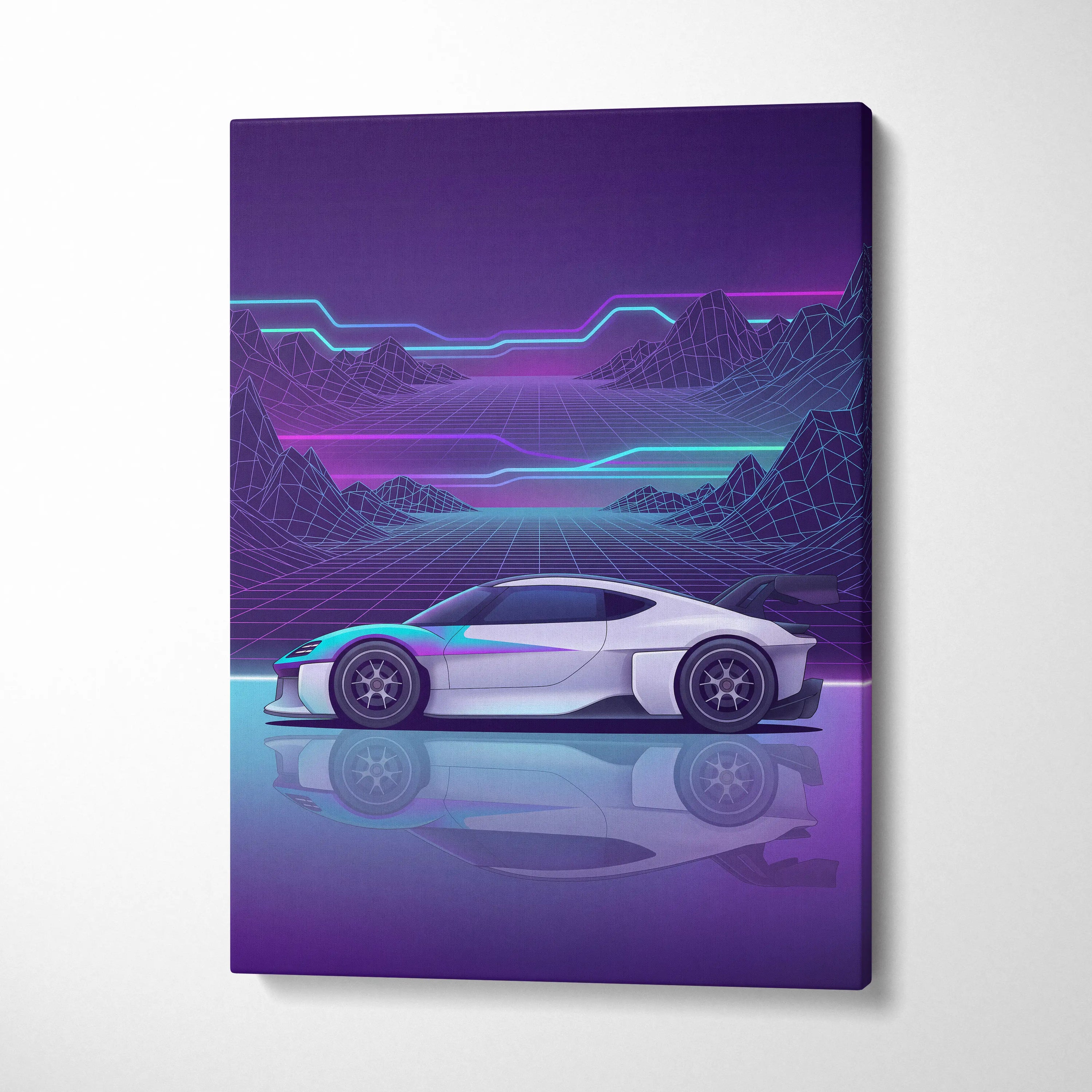 Porsche Mission R Inspired White Purple Canvas Wall Art Vaporwave Neon Grid Sports Car Artwork, Futuristic Concept Car Garage Decor