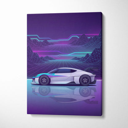 Porsche Mission R Inspired White Purple Canvas Wall Art Vaporwave Neon Grid Sports Car Artwork, Futuristic Concept Car Garage Decor
