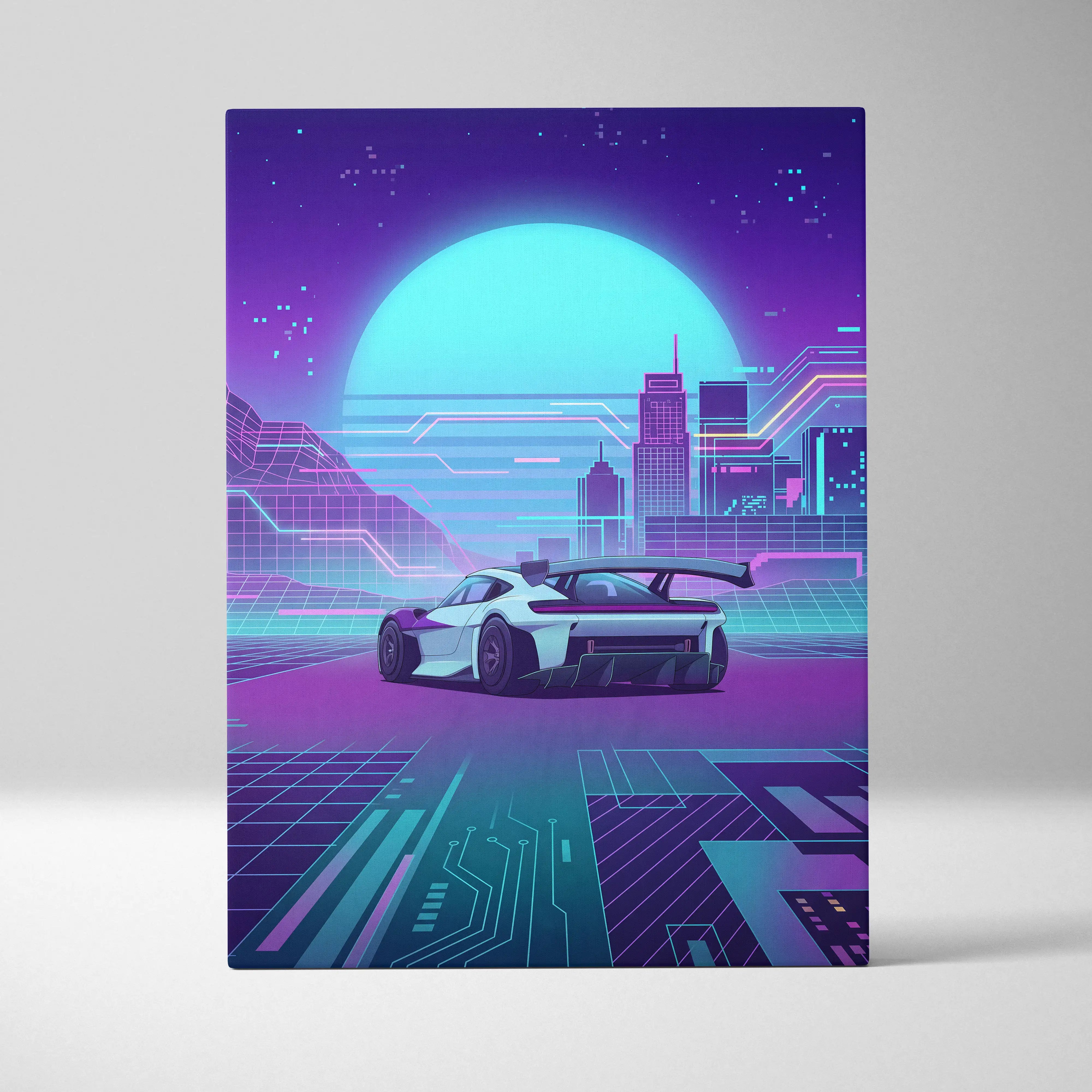 Porsche Mission R Inspired White Purple Canvas Wall Art Vaporwave Neon City Concept Car Artwork, Cyberpunk Garage Decor